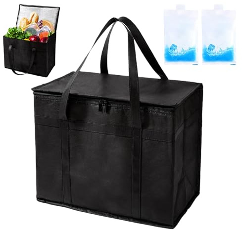 Food Delivery Bag, 31L Insulated Thermal Bag for Hot and Cold Food, Insulated Cooler Bags Large Food Delivery Bags with 2 Ice Pack for Picnic Camping BBQ Outdoor Travel (Black)