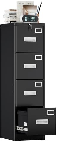 FlairVibe Armoire de Rangement à 4 tiroirs en métal, verrouillable pour Format A4, tiroir de Rangement Anti-basculement avec Fente pour Carte de Queue, pour Bureau à Domicile, Noir