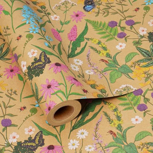 BIOBROWN Wildflower Floral Wrapping Paper Roll, 43cm x 10m | Eco-friendly kraft wrap suitable for weddings, engagements, Mother’s Day & birthdays