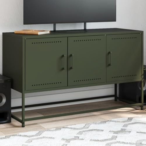Frdhee TV Sideboard, Living Room, TV Cabinet, TV Stand, TV Cabinet, Olive Green, 100.5 x 39 x 60.5 cm, Steel, for Living Room, Bedroom, Hotel Room