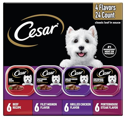 Cesar Classic Loaf in Sauce Wet Dog Food, Beef Recipe, Filet Mignon Flavor, Grilled Chicken Flavor, and Porterhouse Steak Flavor, 3.5 oz. Easy Peel Trays, Variety Pack (24 Count, Pack of 1)