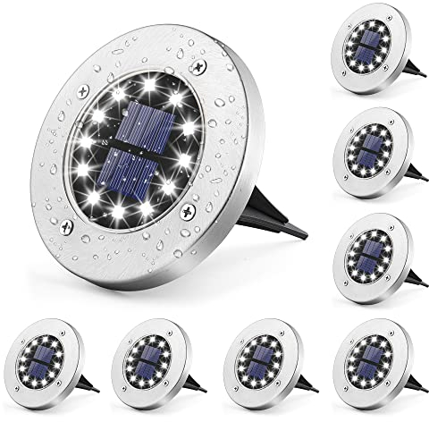 GIGALUMI Solar Bodenleuchte 12 LEDs 8 Stück Solarleuchten Weiß Gartenleuchten Edelstahl Wasserdicht für außen, Garten, Terrasse, Rasen, Hof, Gehweg