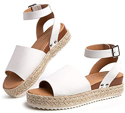 Hitmars Sandalias Mujer Alpargatas Plataformas Romano Cuña Hebilla Gladiador Zapatos Verano Playa Punta Abierta Tacon 5.6cm Correa de Tobillo 1-Blanco EU35