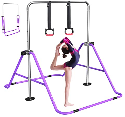 FBSPORT Barre de Gymnastique Enfant Pliable avec Hauteur Réglable Et Anneaux, Barre de Gym Intérieur Exterieur pour Junior Enfants à Domicile