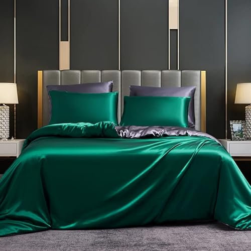 DXHOME Ropa de cama de satén de 135x200 cm, 4 piezas, color verde oscuro, gris, liso, satén brillante, ropa de cama de verano, fundas de edredón con cremallera y 2 fundas de almohada de 80x80 cm