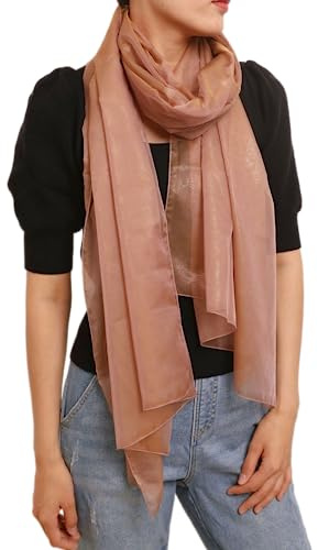 Prettystern Damas Color liso tafetán de seda 100% gasa seda festiva estola bufanda para vestidos de noche, Marrón Beige Con Patrón Dorado, 200 cm X 65 cm