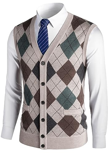 Herothorn Gilet Maglia da Uomo con Diamante Spesso Argyle Maglieria Senza Maniche Maglione Cardigan Scollo a V Smanicato Pullover Panciotto Canotte con Bottone