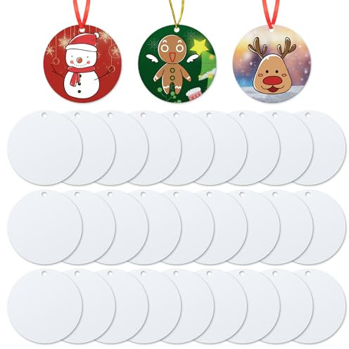 30pcs Sublimation Ornament Blanks, 3 inch Round MDF Personalized Sublimation Blanks Pendants Double Side Christmas Tree Discs Hanging Ornaments DIY Crafts Gift Decoration