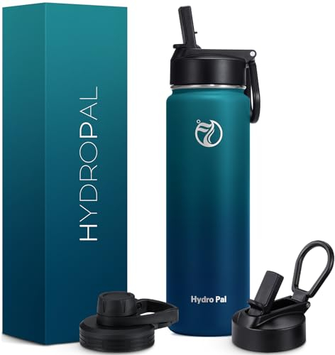 HydroPal Borraccia Termica 750 ml,1L,1.2L, Borraccia in Acciaio Inossidabile con Cannuccia, 2 Coperchi Senza BPA,Isolata 24h/12h, Senza BPA per Sport (Verde scuro/Blu scuro, 750ml)