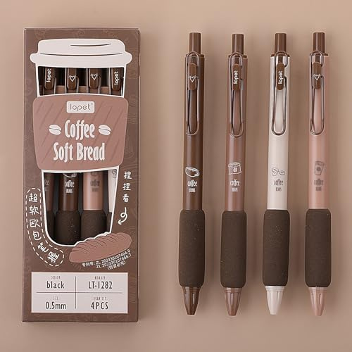 Mabor 4 bolígrafos de café, bonitos bolígrafos de gel retráctiles de secado rápido para niños y niñas, punta fina de 0.5 mm, tinta negra, estética, cómoda, para suministros escolares y de oficina