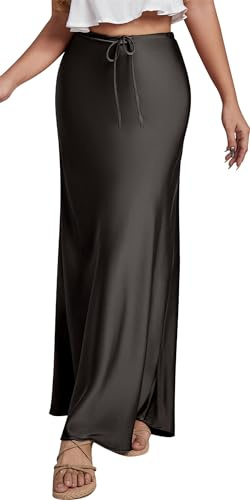 AUBIG Jupe en Satin Élégant Taille Haute avec Cordon de Serrage Jupe Longue Femme Soie Artificielle Jupe A-Line Jupe Casual Eté Jupes en Satin De Taille Haute Noir L