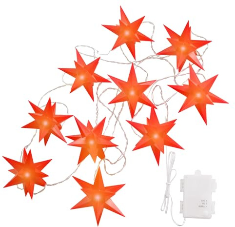 OVILUM Stern Lichterkette 3D mit LED Beleuchtung | 10 Sterne | rot | Ø 12 cm | 3D Stern mit 15 Spitzen | wetterfest | Garten Deko, Wohnzimmer, Weihnachtsdeko | mit Timer | batteriebetrieben