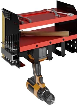 Relaxdays Werkzeugspeicher Wandhalterung, 4 Akkuschrauber, HBT: 30,5x44x23 cm, Werkstatt Organizer, Stahl, rot/schwarz