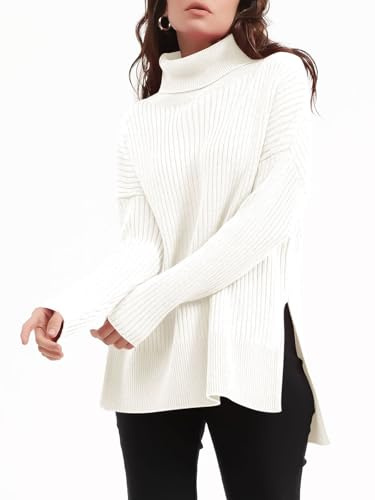 Imily Bela Maglione da donna oversize a collo alto, pullover tunica a maniche lunghe, maglione invernale dalla vestibilità ampia, pullover a coste con spacco laterale, bianco, S
