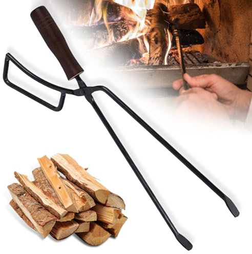 MEGYAD Pinza per camino, 40 cm, pinza per legna da fuoco pesante, con manico in legno, accessori per camino, braciere, braciere, in acciaio verniciato a polvere