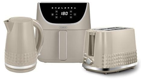Tower Solitaire Kitchen Set, 1.5L Rapid Boil Kettle & 2 Slice Toaster& 6L Digital Air Fryer, Latte and Chrome Accents, T10075MSH, T20082MSH