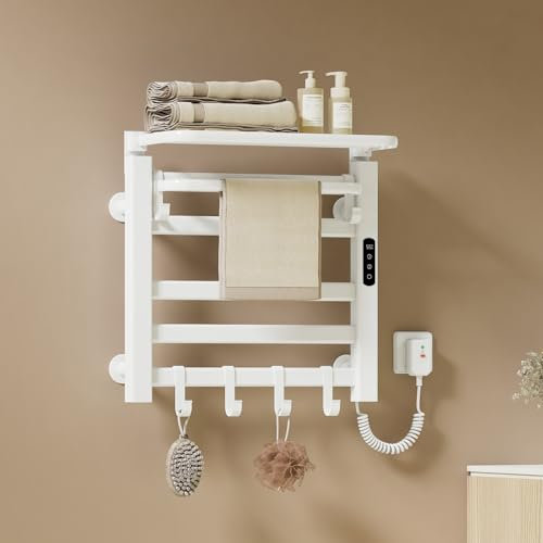 EMKE Radiador de Toallas Eléctrico 50 x 50 cm, Termostato Inteligente WiFi, Radiador Eléctrico para Baño, Calentador de Toallas Eléctrico, Blanco, 140W