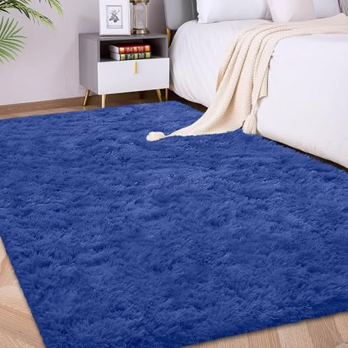 FVVRAX Tapis shaggy moelleux à poils longs, 90 x 150 cm, bleu marine, extra doux, antidérapant, pour salon, chambre à coucher, tapis de sol douillet pour enfants et animaux domestiques