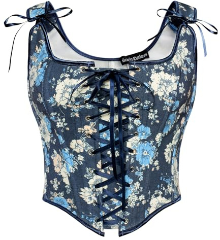 SCARLET DARKNESS Womens Cottagecore Corset Top Overbust Vintage Pirate Corset Lace Up Retro Jacquard Victorian Floral Corsets for Women Navy Blue Floral 16