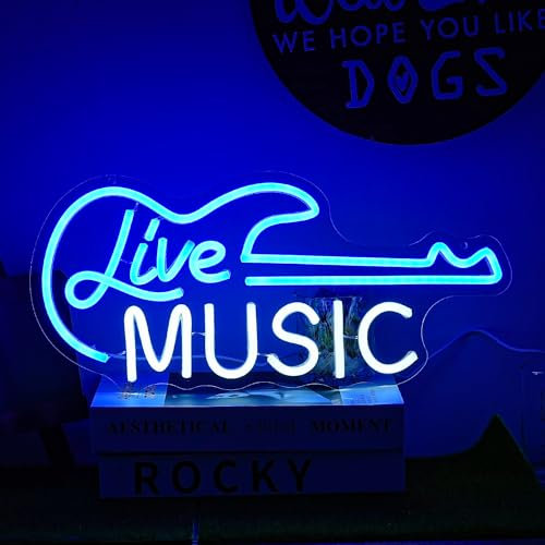 LMSIGNLY Live Music Neon Sign for Wall Decor Guitar Neon Sign Blue White Music Neon Light Dimmable Guitar LED Signs Light up Sign Letter Neon Light for Music Studio Live Streams Nightclub