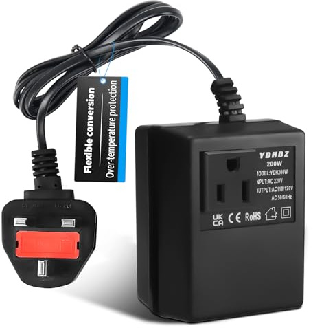 200W Step-Down Power Supply voltage converter 220V/240V to 110V/120V(UK Plug), Smart and Efficient Temperature-Protected Adapter, Suitable for WiFi, POS Machines and Power Bank (black)