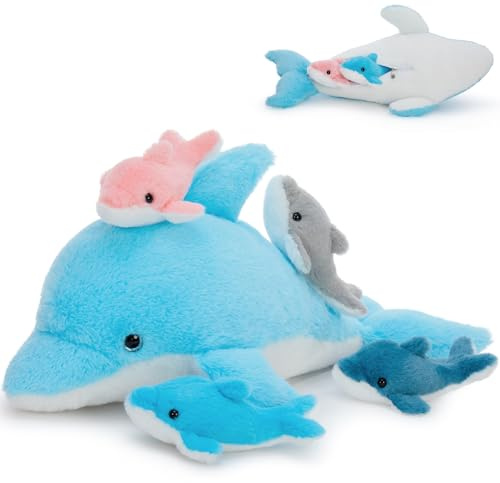 MorisMos Dauphin Peluche Géante XXL 52cm avec 4 Bébés dans Le Ventre,Grande Dauphin en Peluche Réaliste Douce Mignon, Idée Cadeau Noel pour Enfant Filles Garçons Anniversaire Décorations