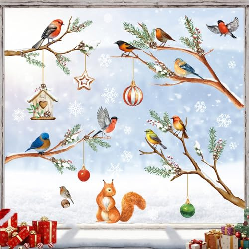 KAIRNE Natural Winter Window Stickers Pine Branch Bird Xmas Glass Clings