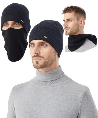 FCHITOP Chapeau écharpe d'hiver Ensemble - Hommes Beanie Chapeaux Doublure Polaire Bonnet Bonnet en Maille pour Outdoor Sport Running Vélo VTT Course Trekking Ski Moto