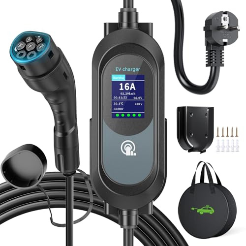 EVJUICION Caricabatteria da auto elettrico 6M, 3,68KW | 8-16A | 0-12H Programmato Caricabatterie Tipo 2 con Grande Schermo LED e Supporto da parete, Portabilità Domestica Cavo Ricarica Veicolo