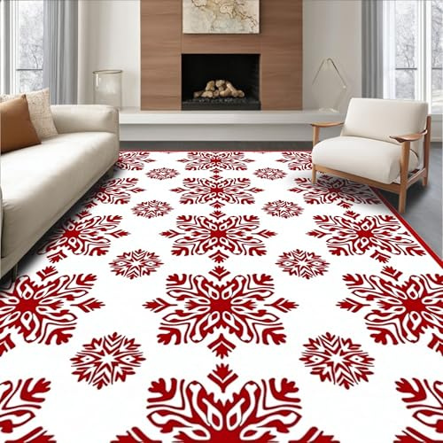 ODIKA Flatwoven High Traffic Area Rug 8x10, Festive Holiday Punch Needle Featuring Classic Snowflake Motifs, Non Slip, Stain Resistant, Washable Area Rugs for Living Room, Bedroom (Red, 8x10, Pad)