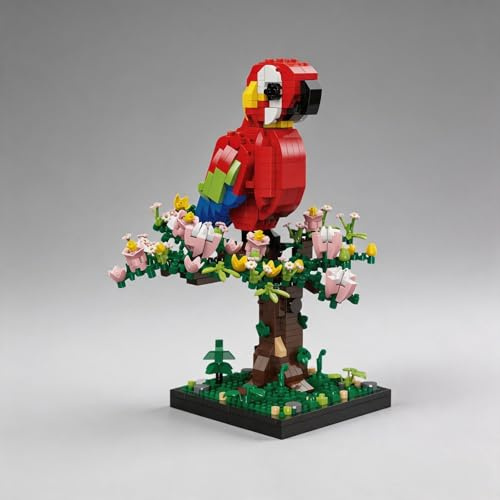alltogetho Kit de micro blocs de construction Ara écarlate sur arbre à fleurs roses – 900 pièces, modèle de perroquet et jouet d'ara pour enfants de 8 ans et plus, passe-temps de relaxation pour