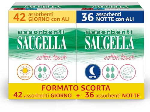 Saugella Assorbenti Cotton Touch Giorno & Notte, 42 Assorbenti Cotone Giorno con Ali e 36 Assorbenti Cotone Notte con Ali, Azione Antibatterica, Antiodore e Lenitiva