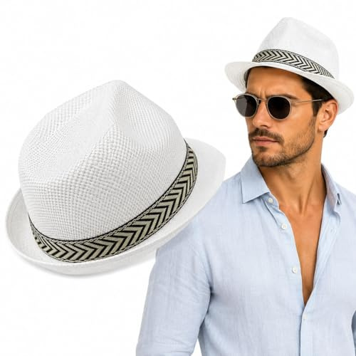 OTHERWISETRIVIAL Chapeau de paille unisexe style Panama Fedora pour la plage et le style décontracté, Jazz blanc, Taille Unique