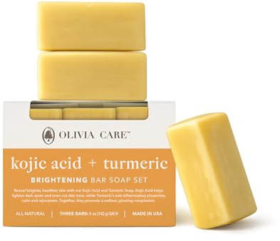 Olivia Care Kojic Acid & Turmeric Bar Soap, Brightening Facial & Body Cleanser, Helps Improve the Appearance of Uneven Skin Tone, Natural-Inspired Ingredients, 5 oz Bars, 3-Pack