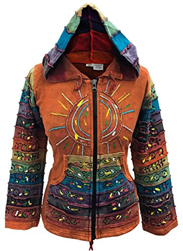 SHOPOHOLIC FASHION Huvtröja med lappverk, syratvättad och flerfärgad jacka med huva, randigt regnbågsmönster på ärmarna, hippie-jacka, Orange, XL