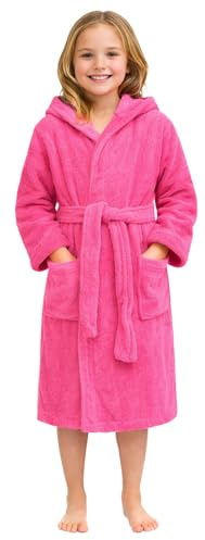 Adore Home Kid's 100% Cotton Terry Towelling Hooded Shawl Collar Bathrobe (AGE 6-7, Pink)