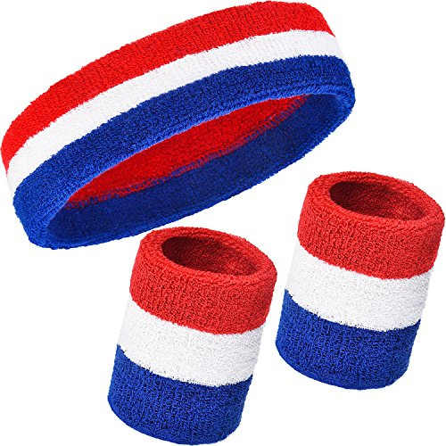 WILLBOND 3 pezzi Set di fasce per capelli, include fascia sportiva e felpe da polso in cotone a righe per uomini e donne atletici (rosso, bianco e blu)