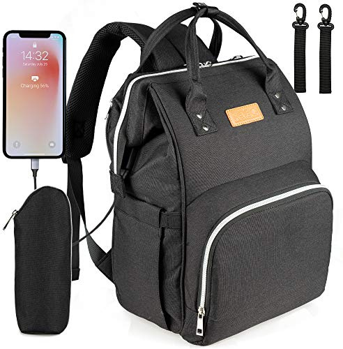 NEVEQ Babyblöjryggsäck, multifunktionell reseskötväska med USB, stor kapacitet med flera funktioner, svart