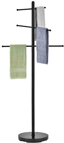 MyGift 6 Bar Outdoor Towel Rack for Pool, Free Standing Bath Towel Holder Storage, SPA Towel Blanket Stand with Round Weighted Base, Modern Black Metal