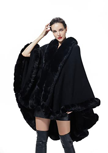 BEAUTELICATE Kunstpelz Poncho Cape Strick Damen Winter Warm Umhang Kunstfell Stola Bolero Cardigan Brautmantel mit Kragen für Hochzeit Zeremonie Festlich (Schwarz, Einheitsgröße)