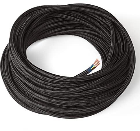 Amarcords - Cavo elettrico tessile colore NERO tondo seta 10 metri con messa a terra 3x075mm - Filo rivestito in tessuto colorato vintage per lampade lampadari applique e abat jour.