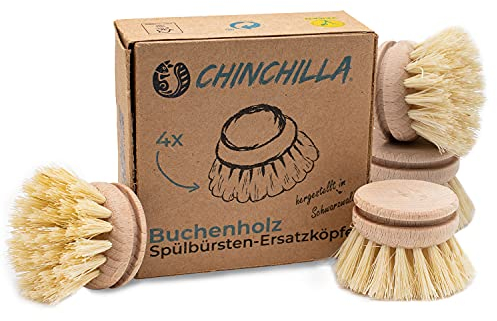 Chinchilla® 4er Set Wechselköpfe aus Holz für Spülbürste | Ersatzkopf mit Naturborsten aus Fibre (vegan) |universelle Spülbürstenköpfe | nachhaltige Küche & Zero Waste
