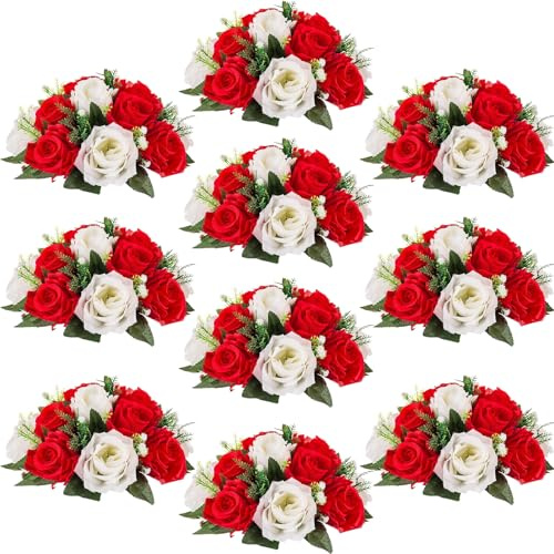 Inweder Artificial Flower Ball Wedding Centerpieces - 10 Pcs Wedding Flower Balls for Table Centerpiece Arrangement Bouquet Fake Flowers Silk Rose Balls with Base Party Home Room Decor Red & White