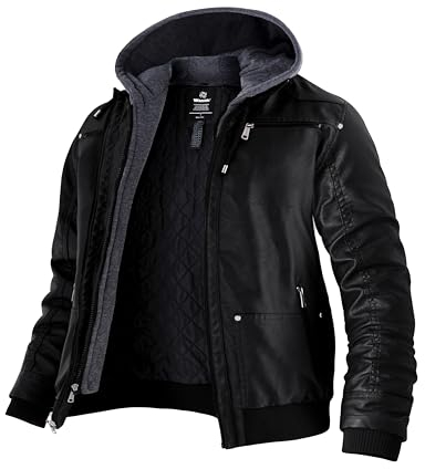 Wantdo Herren Kunstlederjacke Lederjacke Gefüttert Lederjacke Abnehmbarer Kapuze Lederimitat Jacke Winter Schwarz-Verdicken XL
