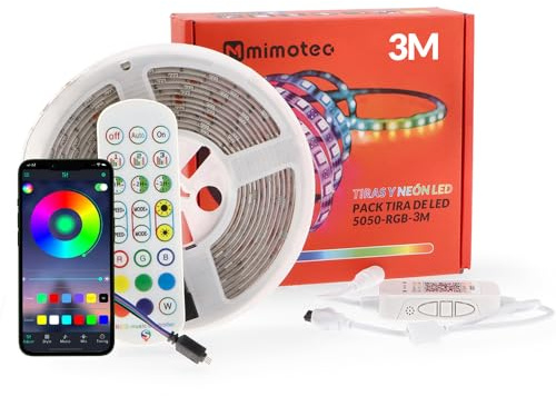 M mimotec - Tira LED RGB, Luz LED Habitación 3 metros con adhesivo, IP65 Impermeable, Control Musical con App, Multicolor Regulable en intensidad, Súper Brillante LED Tira para Fiestas, LM2402