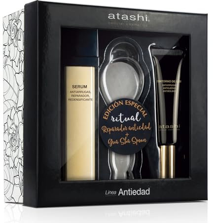 atashi Ritual Reparador Antiedad, Sérum Redensificante Antiarrugas + Contorno de ojos Antiarrugas + Gua Sha Spoon, Tratamiento Antiarrugas Profundas, 50ml + 15ml