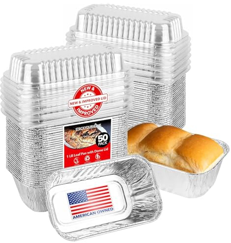 Stock Your Home Disposable Aluminum Mini Loaf Pans with Lids, 1 lb (50 Pack) New & Improved Plastic Dome Lid Foil Baking Tins, Tin Pans for Cake, Bread, Holiday Baked Goods Packaging