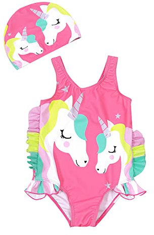 Vivi Idee Kinder Badeanzug Mädchen 1-8 Jahre UPF 50+ UV Schutz Bademode Set Einteiler, Einhorn Schwimmanzug mit Badekappe für Wassersport (104-110)