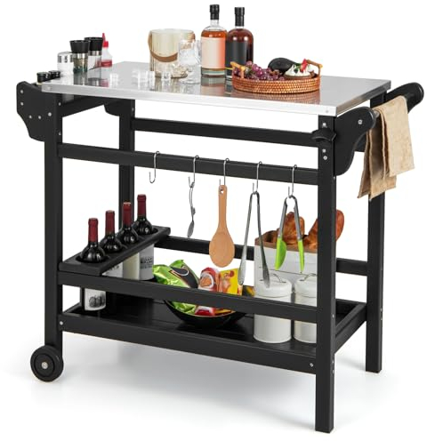 COSTWAY Grillwagen aus HDPE, Grilltisch mit Gewürztablett, Weinflaschenregal, Griff & 2 Rollen, Arbeitsplatte aus Edelstahl, Outdoor Servierwagen, wetterfester Beistelltisch für Garten, Terrasse