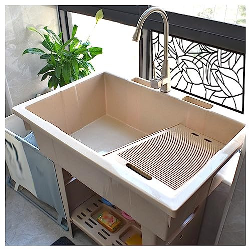 Évier autonome, station de lavage des mains portable, évier extérieur, évier en plastique, avec robinet chaud et froid, évier à linge en plastique autonome avec planche à laver, pour garage, sous-sol,